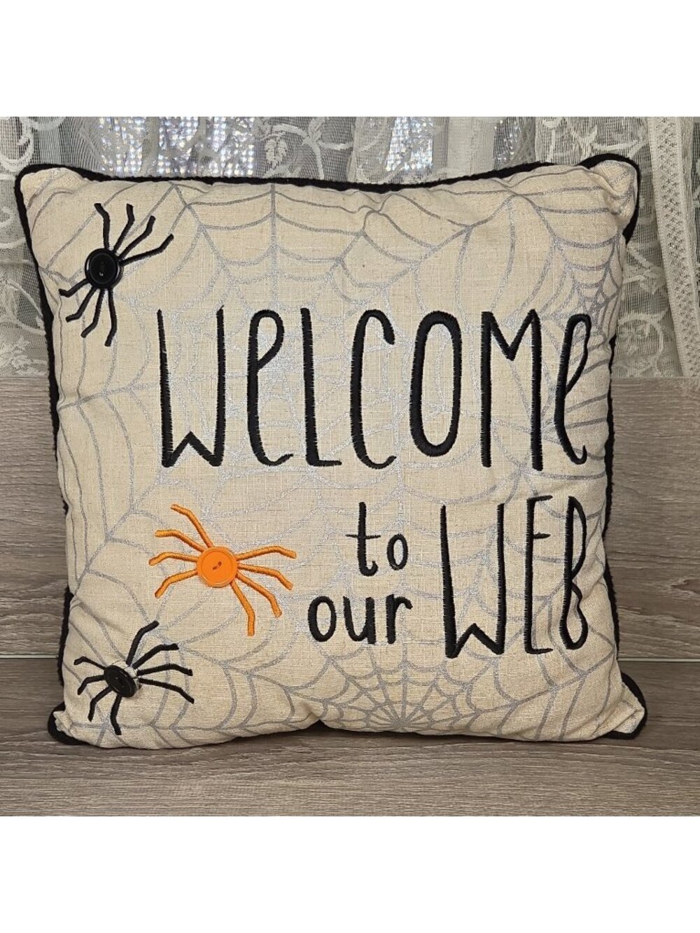 Celebrate Halloween Together Embroidered Spiderweb 16x16 Decorative Throw Pillow